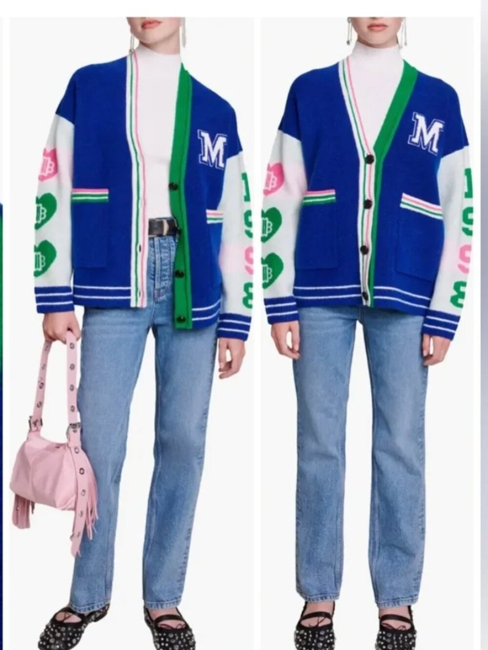 MAJE Varsity Cardigan Sweater Contrast knit w/ Logo Patch Retro Blue White $445